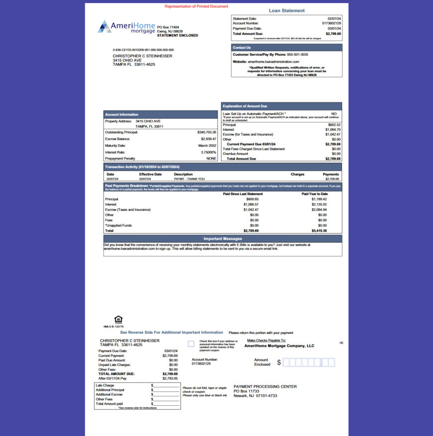 United States AmeriHome Mortgage Statement Template in word and pdf format