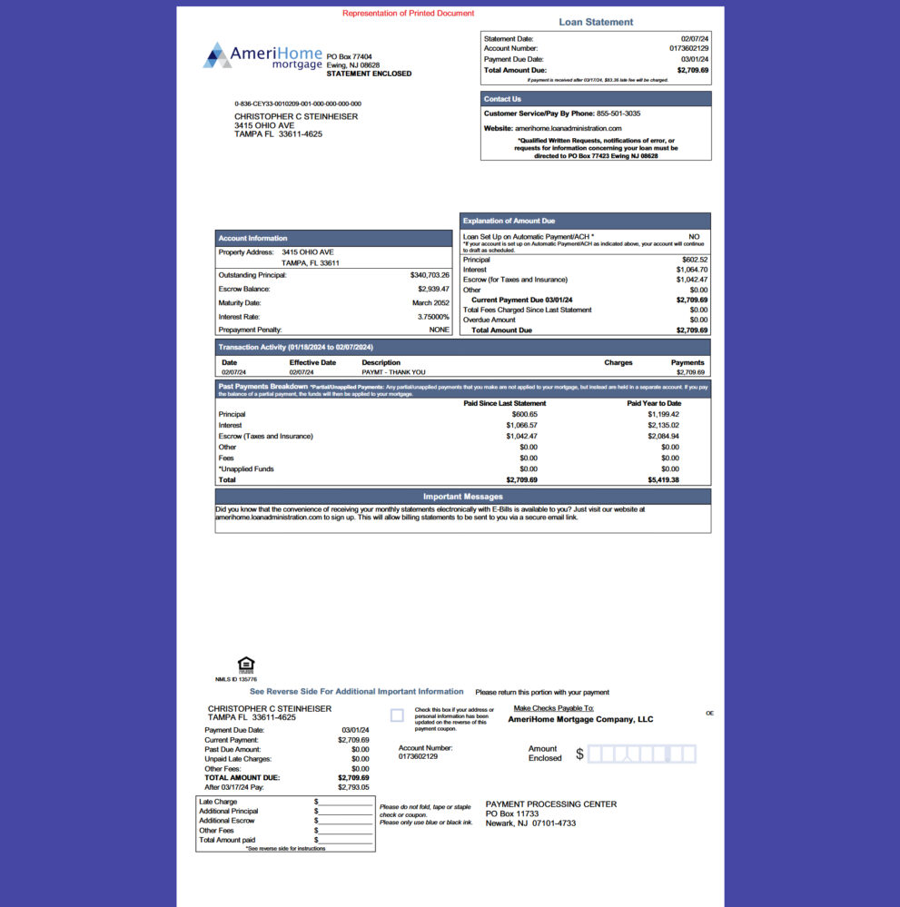 United States AmeriHome Mortgage Statement Template in word and pdf format