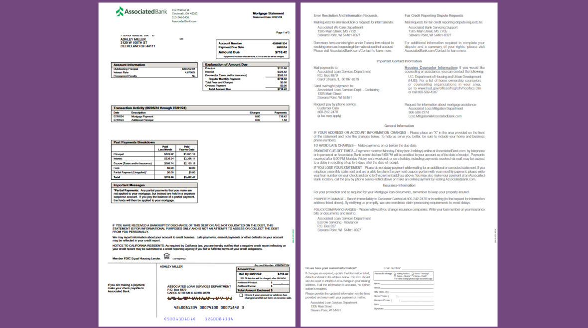 United States Associated Bank Mortgage Statement Template in word and pdf format