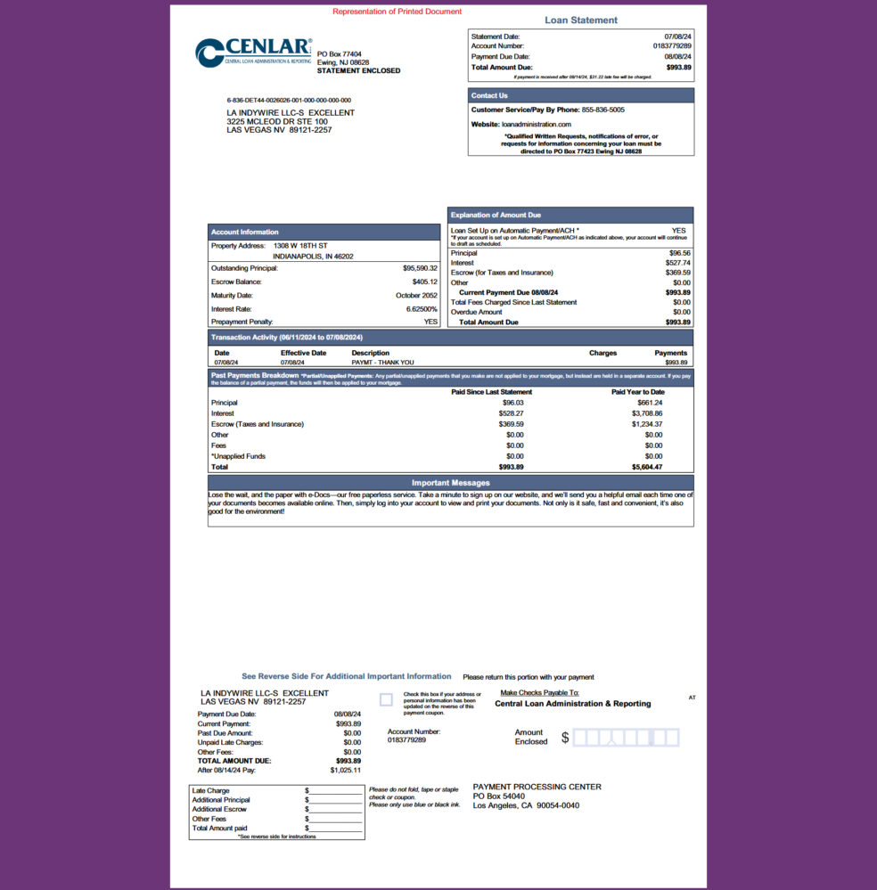 United States CENLAR Mortgage Statement Template in word and pdf format