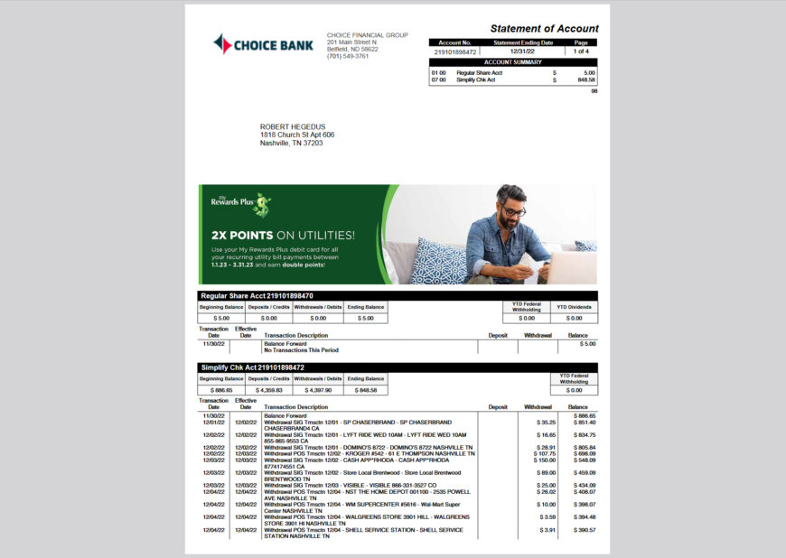 United States Choice Bank Statement of Account Template in word and pdf format