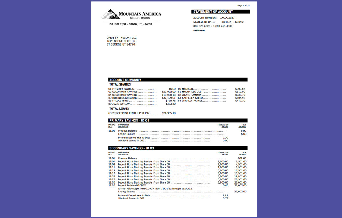 United States Mountain America Credit Union Account Statement Template in word and pdf format