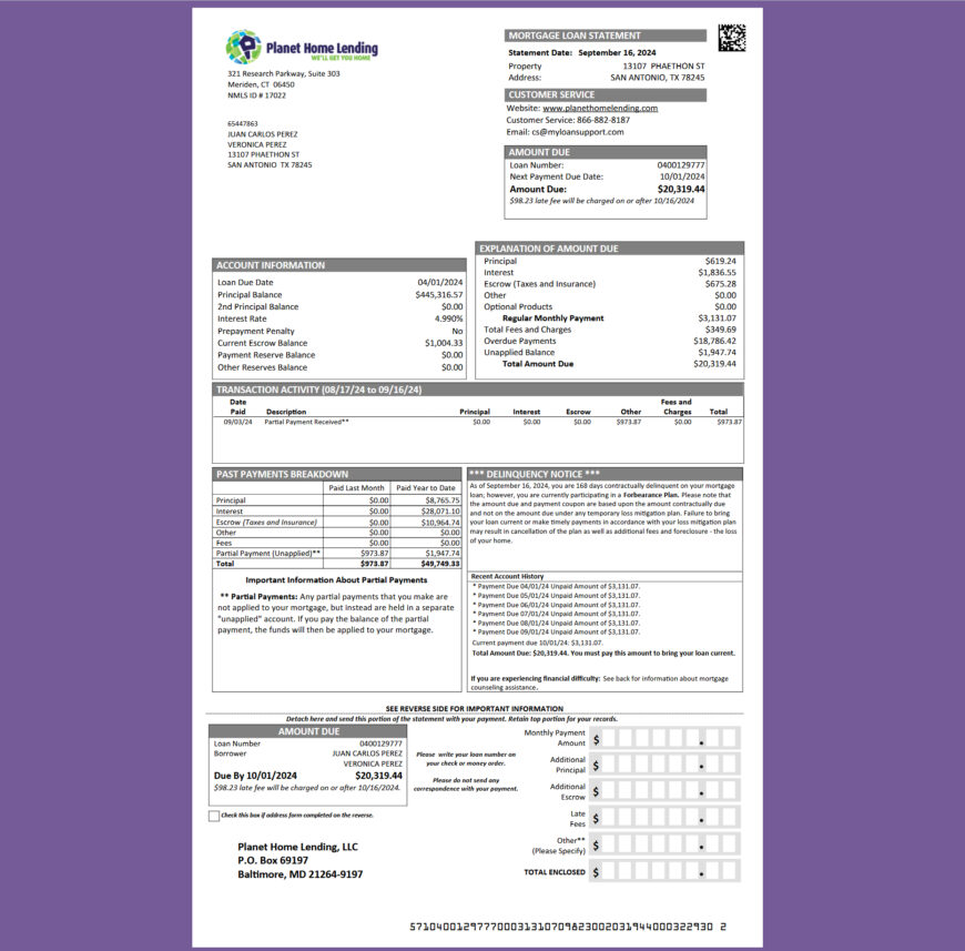 United States Planet Home Lending Mortgage Statement Template