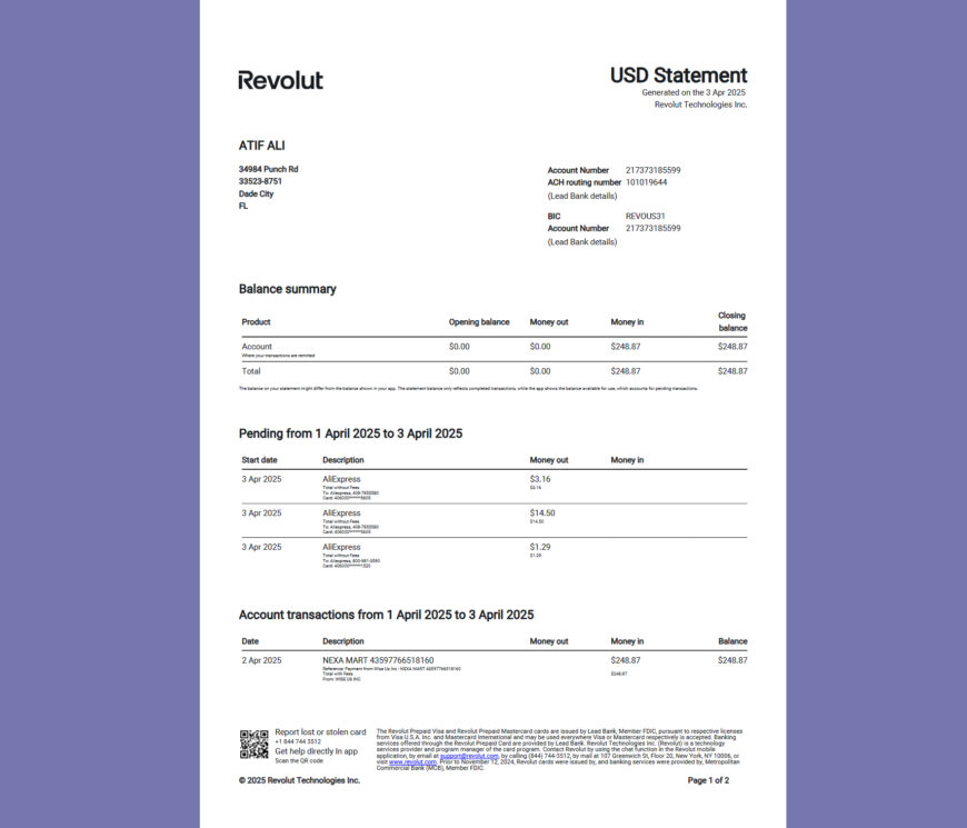 United States Revolut USD Statement Template in word and pdf format