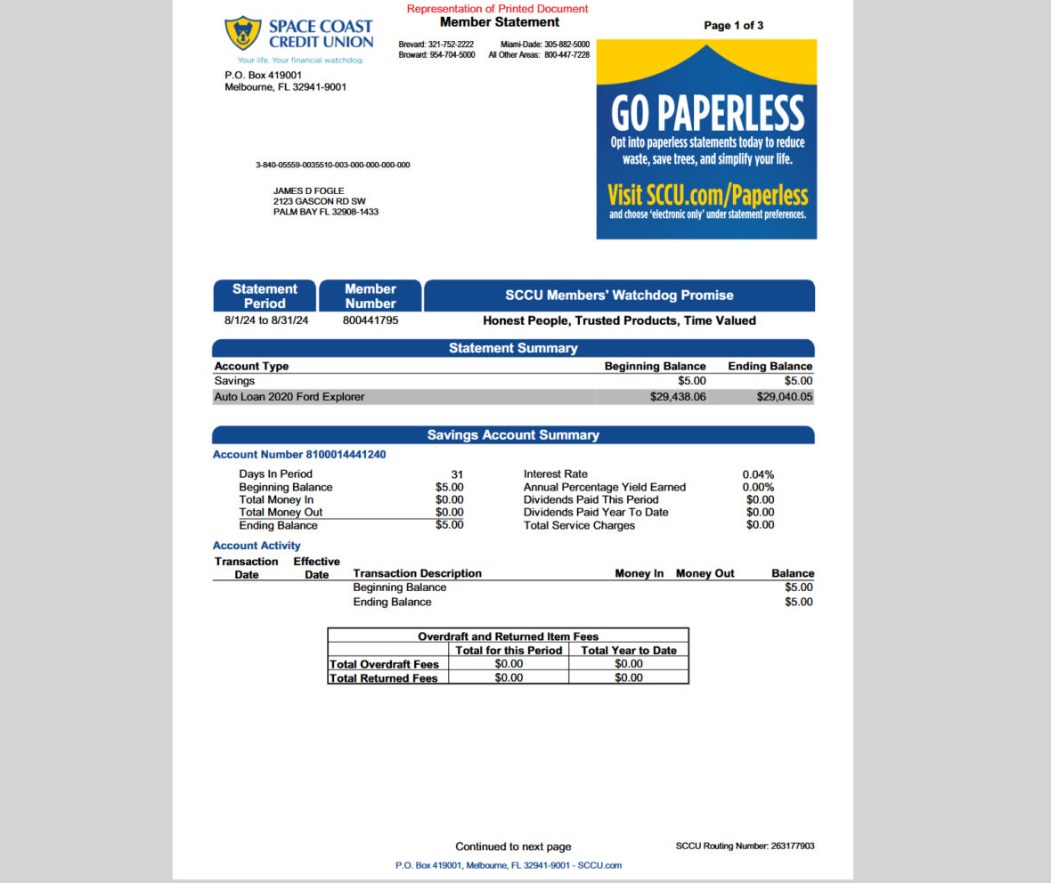 United States Space Coast Credit Union Bank Account Statement Template