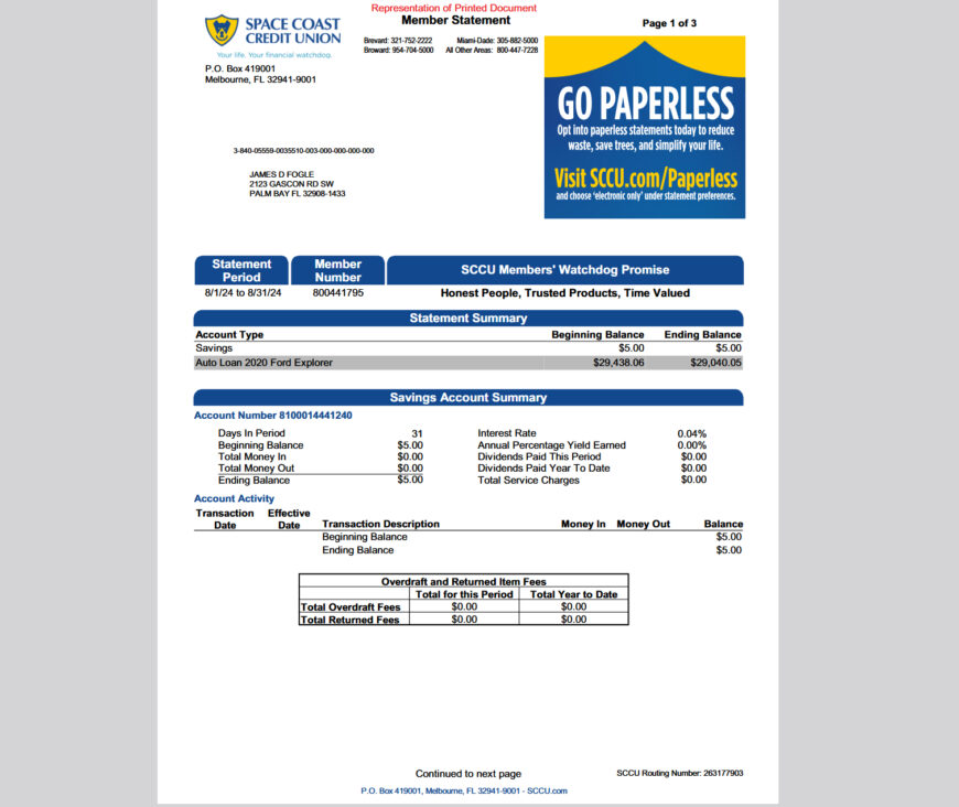 United States Space Coast Credit Union Bank Account Statement Template