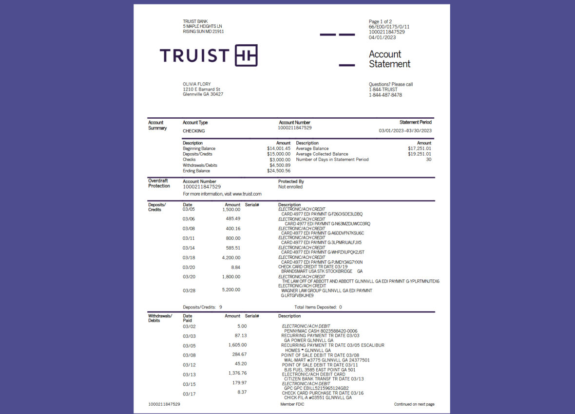 United States Truist Checking Account Statement Template in word and pdf format