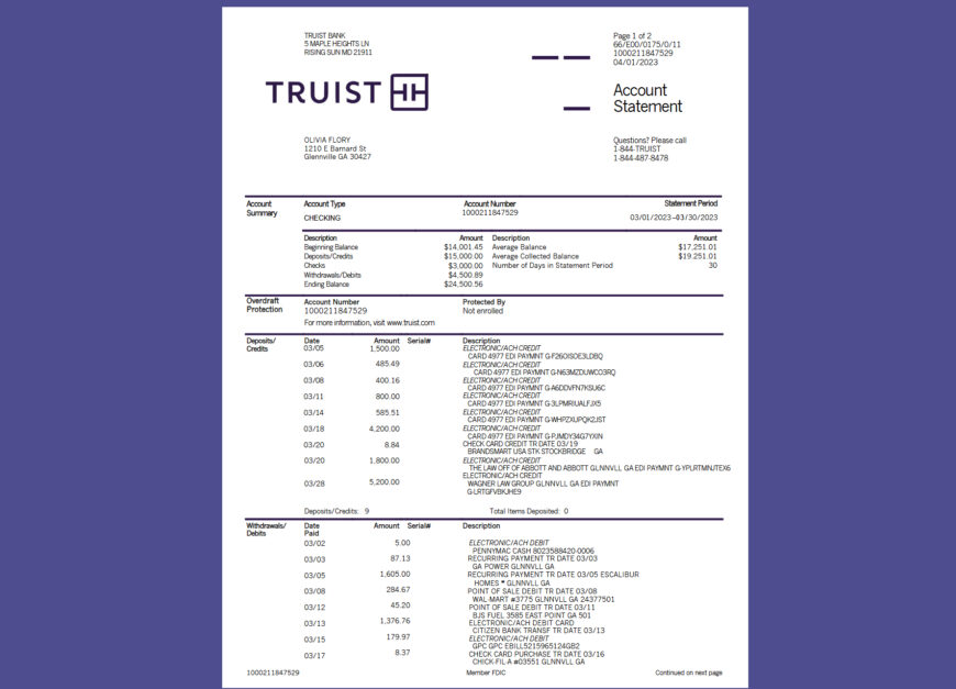 United States Truist Checking Account Statement Template in word and pdf format