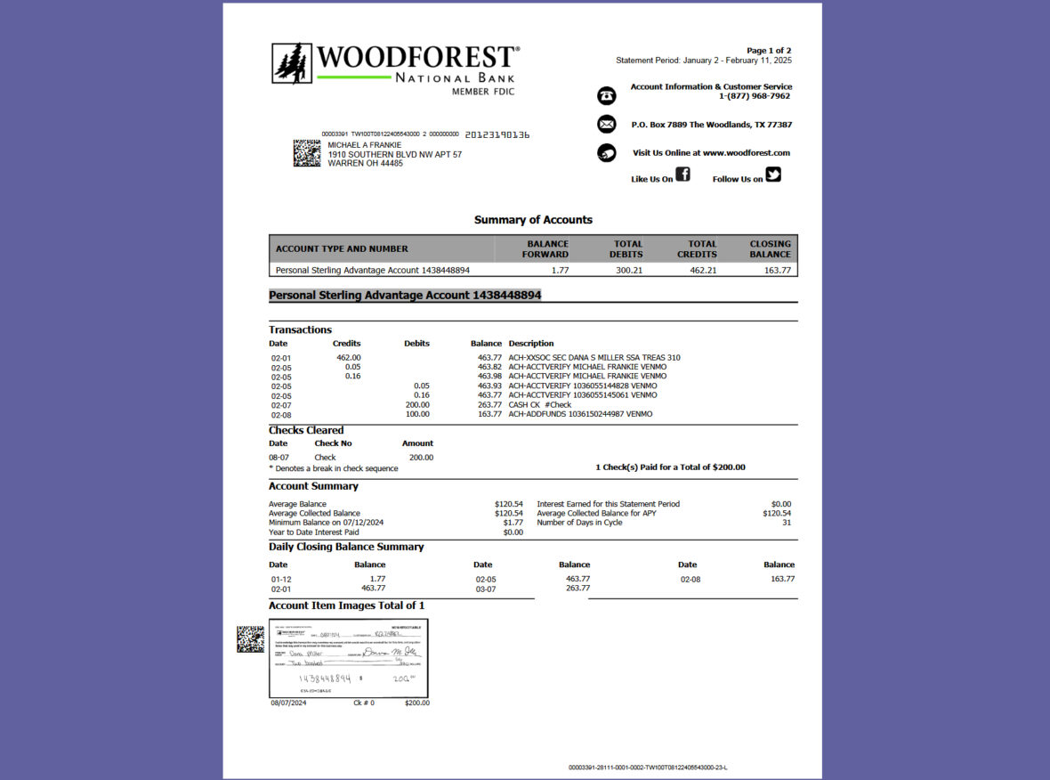 United States Woodforest National Bank Bank Account Statement Template
