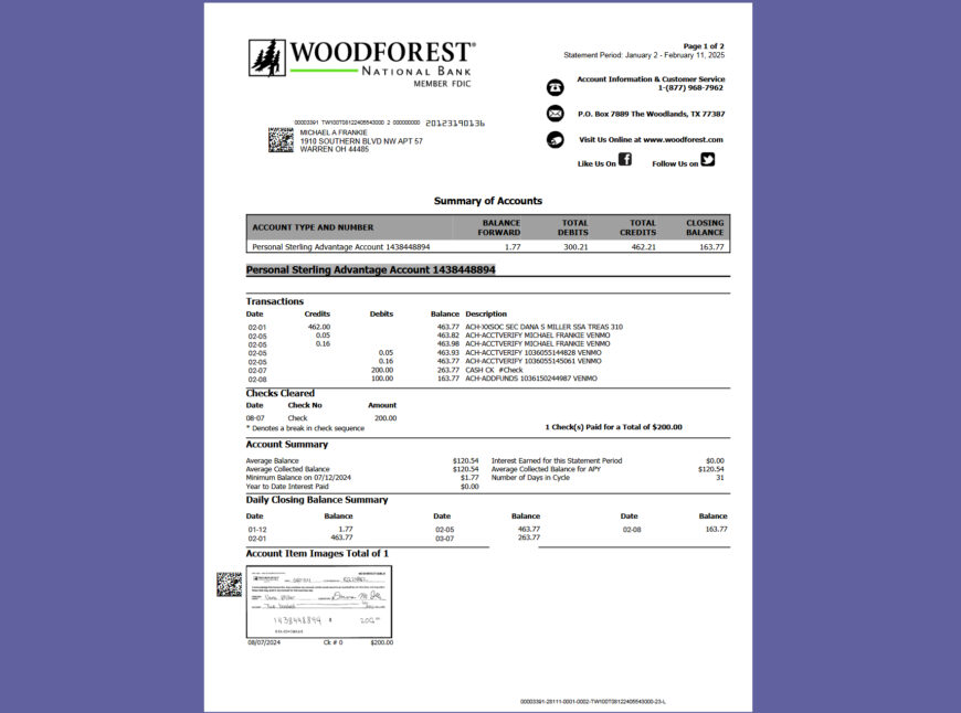 United States Woodforest National Bank Bank Account Statement Template