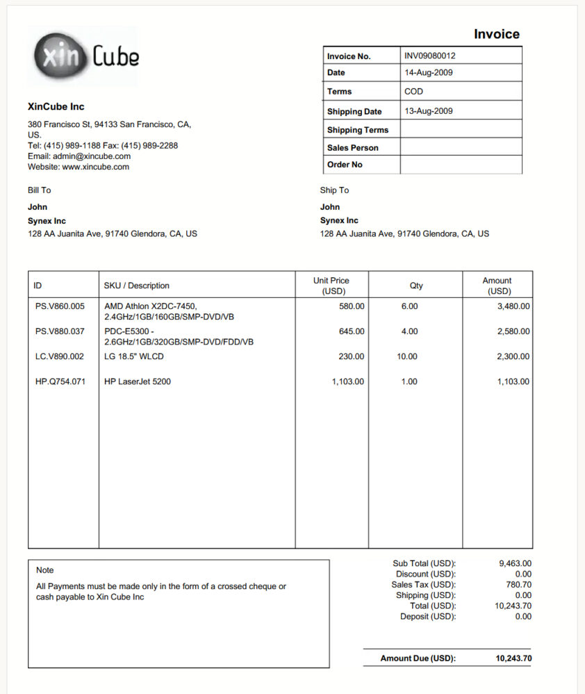 United States XinCube Invoice Template in word and pdf format
