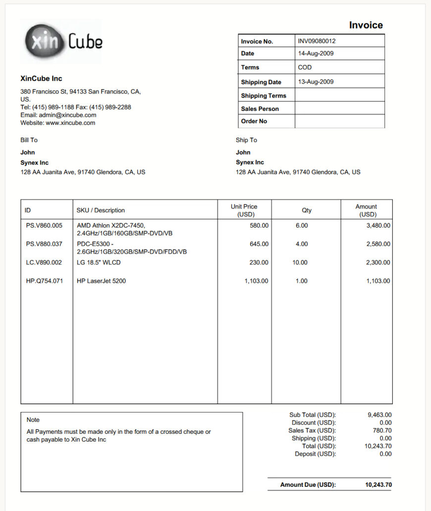 United States XinCube Invoice Template in word and pdf format