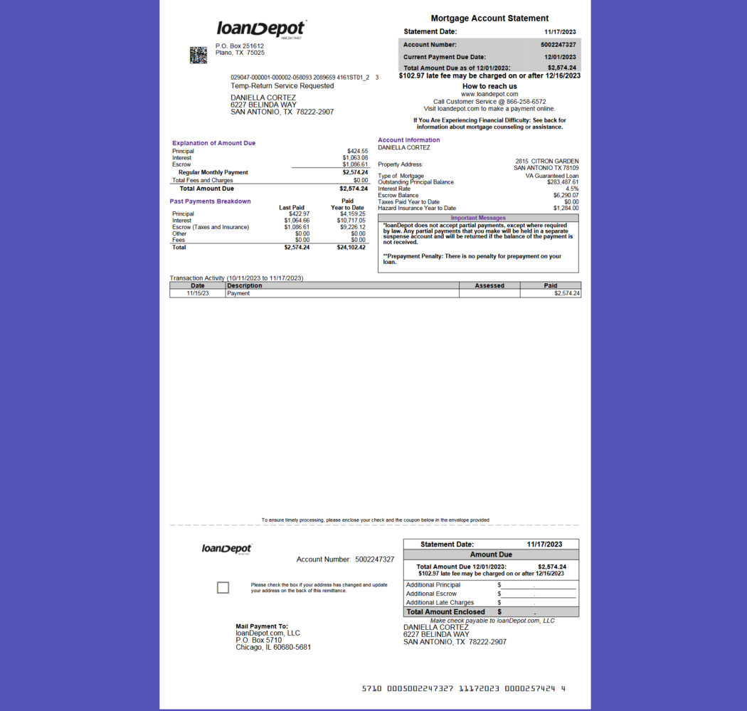 United States loanDepot Mortgage Statement Template