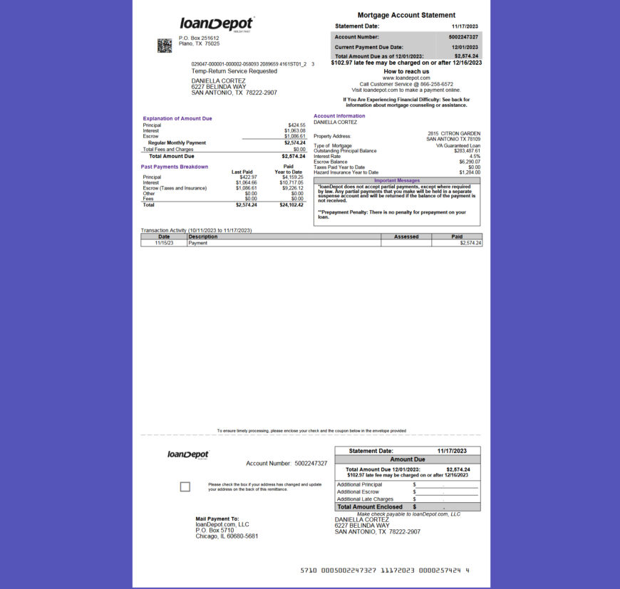 United States loanDepot Mortgage Statement Template