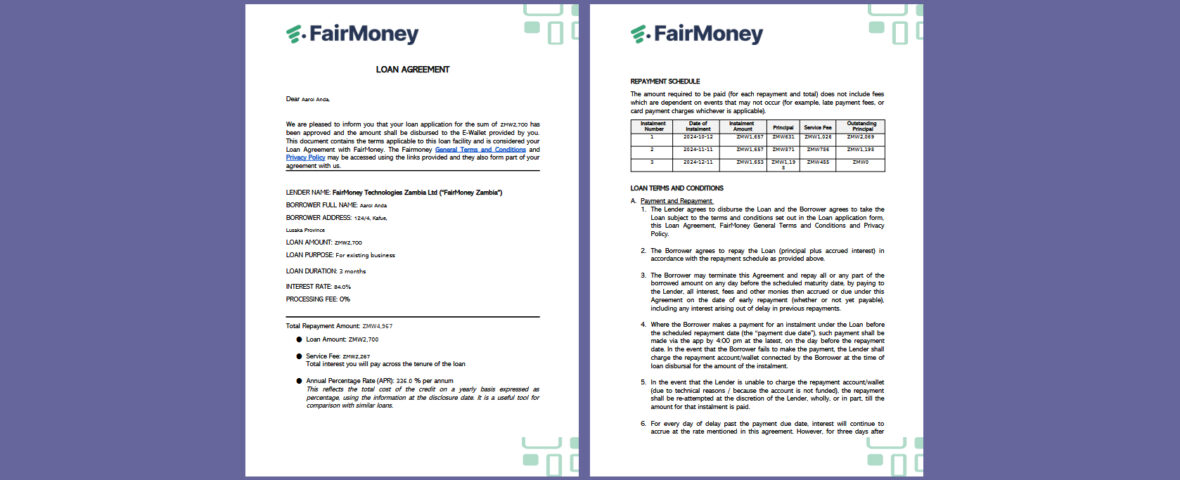 Zambia FairMoney Loan Agreement Template in word and pdf format