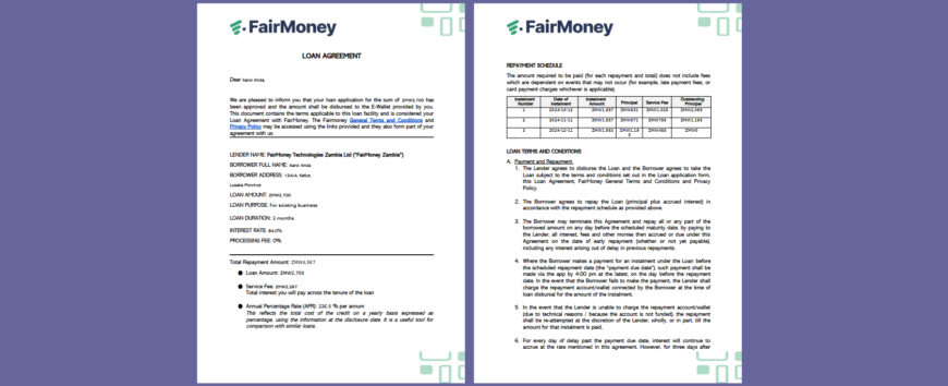 Zambia FairMoney Loan Agreement Template in word and pdf format