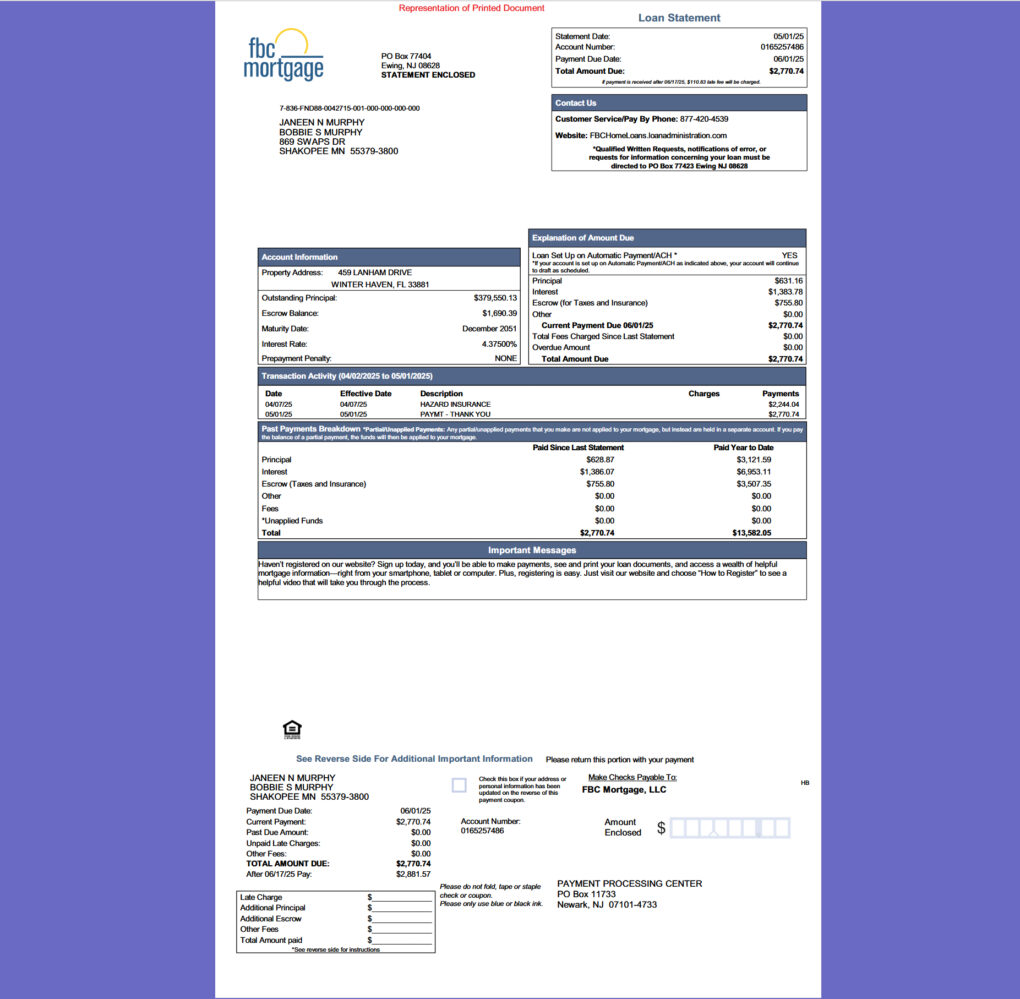 United States FBC Mortgage Mortgage Statement Template in word and pdf format