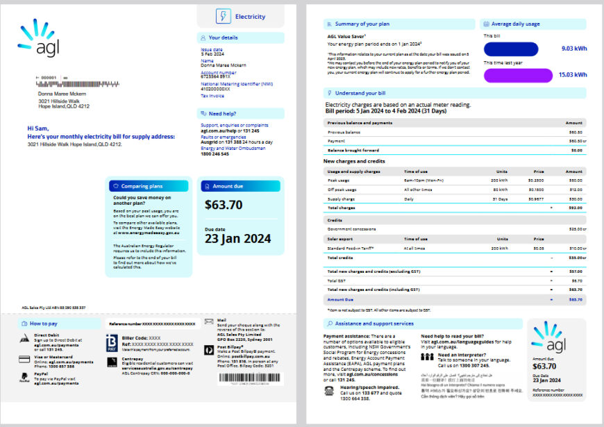 Australia AGL Better Bills Electricity Bill Template in word and pdf format