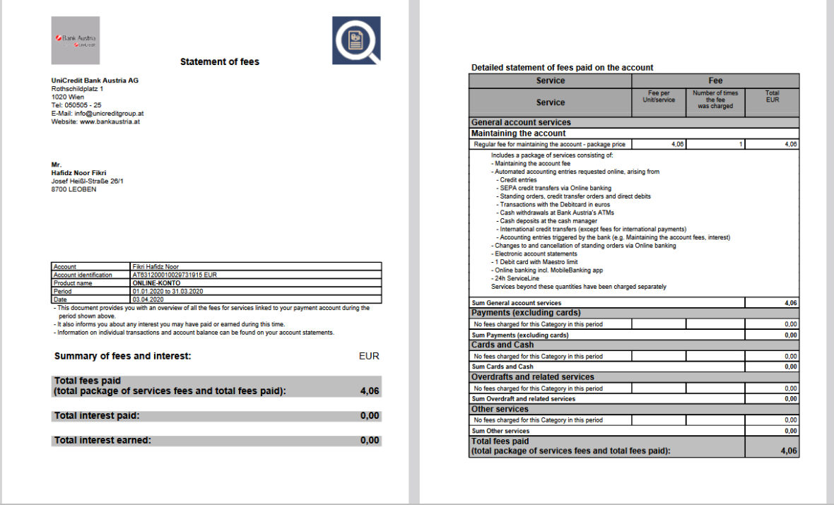 Austria UniCredit Bank Austria Statement of fees Template in word and pdf format