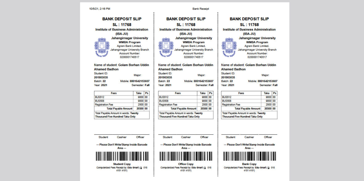 Bangladesh IBA-JU WMBA Program Bank Deposit Slip and Receipt Template
