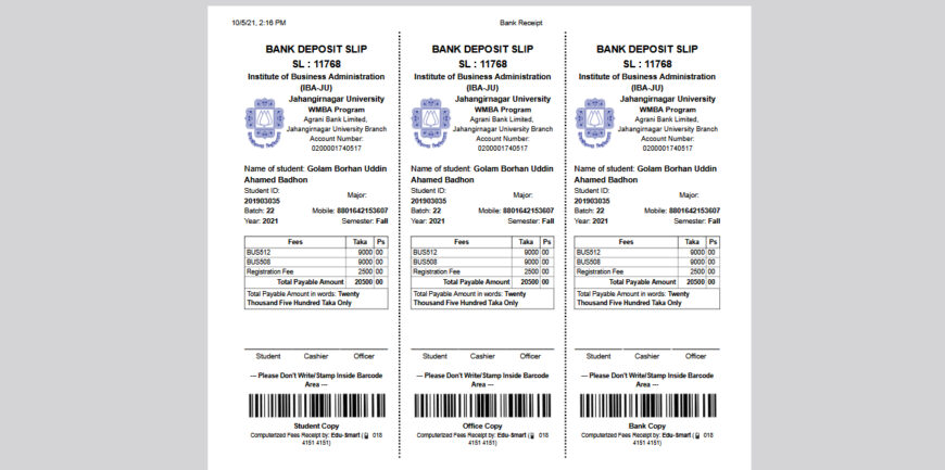 Bangladesh IBA-JU WMBA Program Bank Deposit Slip and Receipt Template