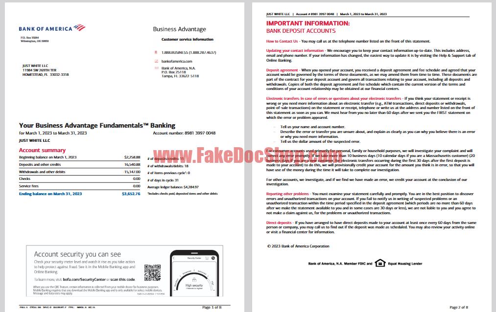 Bank of America Business Advantage Banking Statement Template in word and pdf format