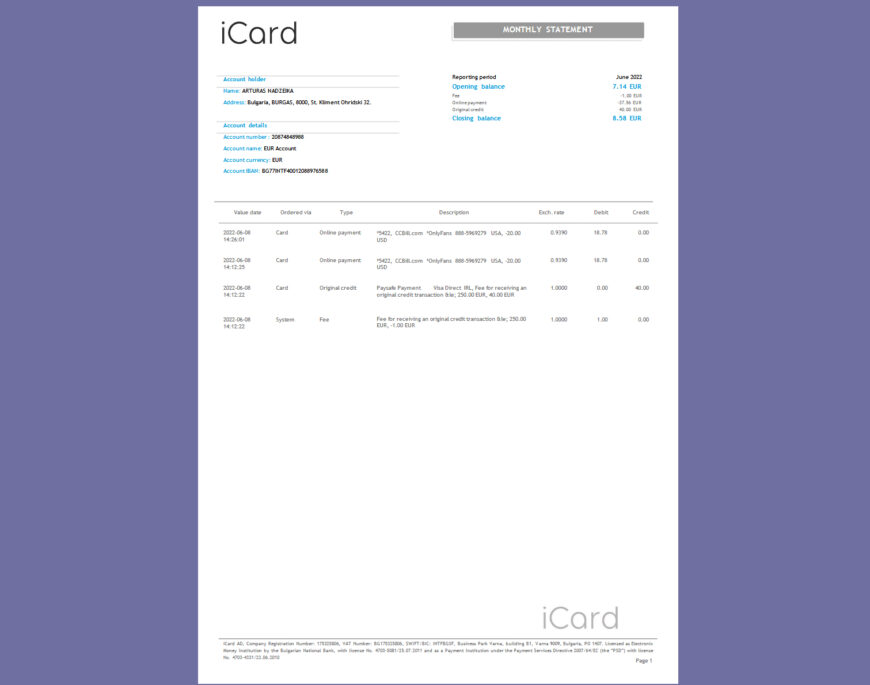 Bulgaria iCard Monthly Statement Template in word and pdf format