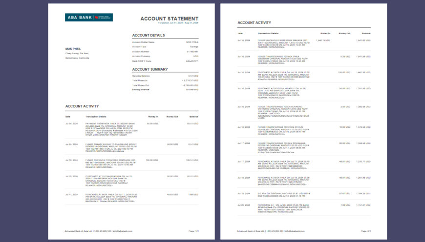 Cambodia ABA Bank Account Statement Template in word and pdf format