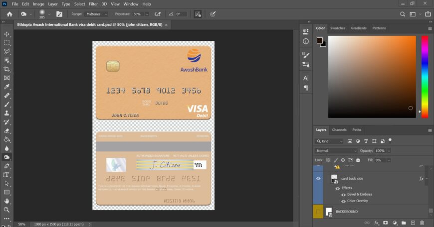 Ethiopia Awash International Bank Visa Debit Card PSD Template