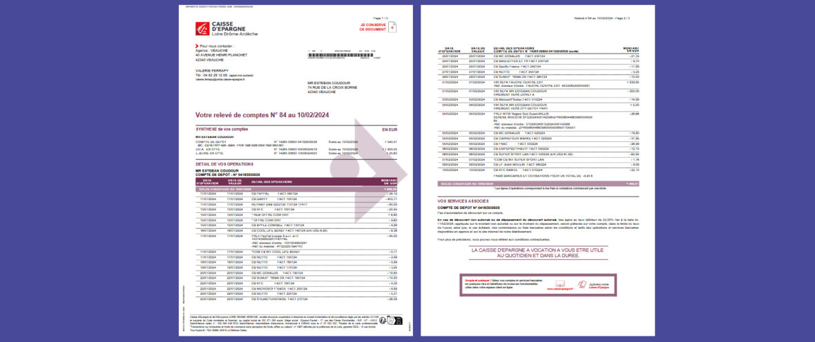 France Personal Banking Account and Savings Statement Template