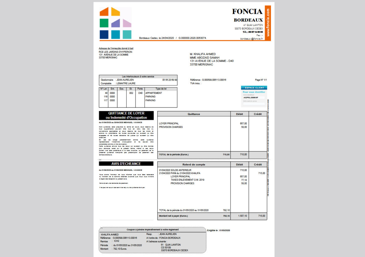 France Residential Rent Receipt and Notice of Maturity Template