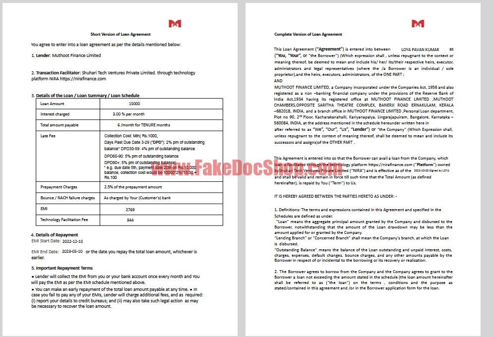 India Finance Personal Loan Agreement Template in word and pdf format