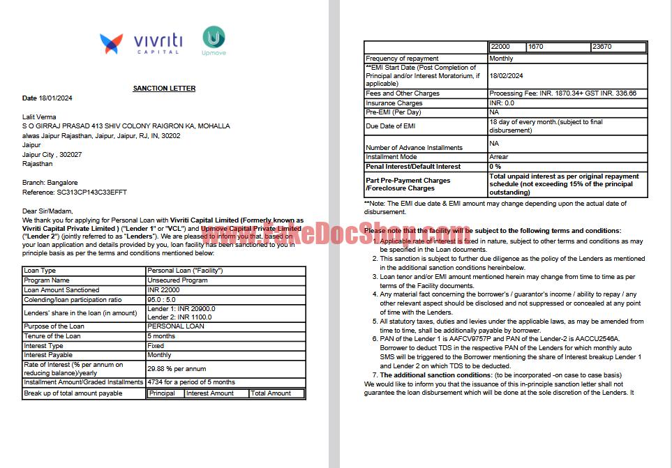 India Vivriti Capital & Upmove Loan Sanction Letter Template in word and pdf format