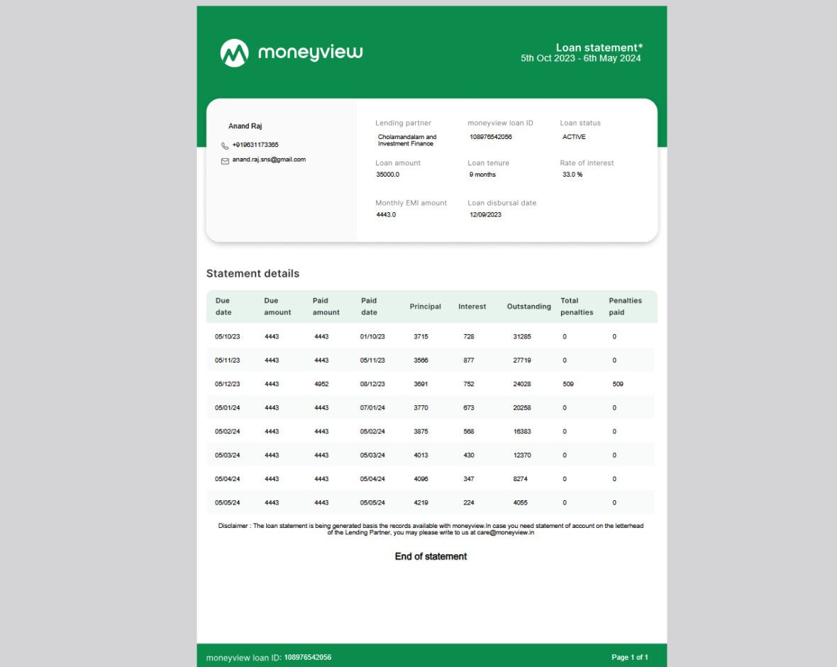 India moneyview Loan Statement Template in word and pdf format