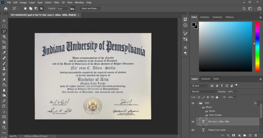 Indiana University Of Pennsylvania Certificate PSD Template