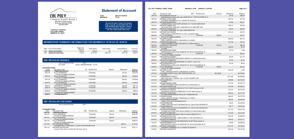 USA CAL POLY Federal Credit Union Account Statement Template in word and pdf format