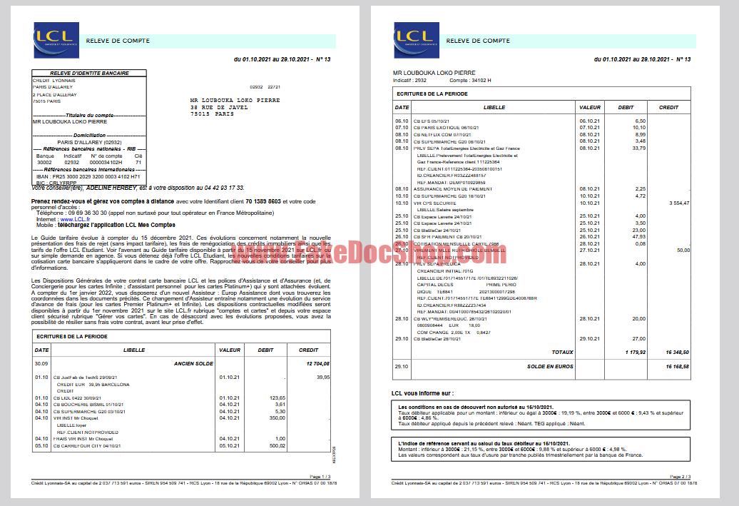 Italy LCL Bank Account Statement Template in word and pdf format