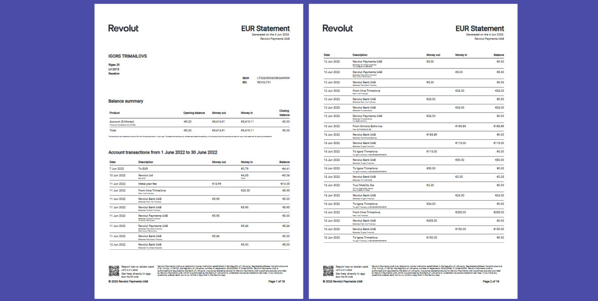 Lithuania Revolut Account Statement Template in word and pdf format