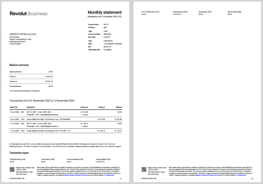 Lithuania Revolut Business Monthly Statement Template in word and pdf format