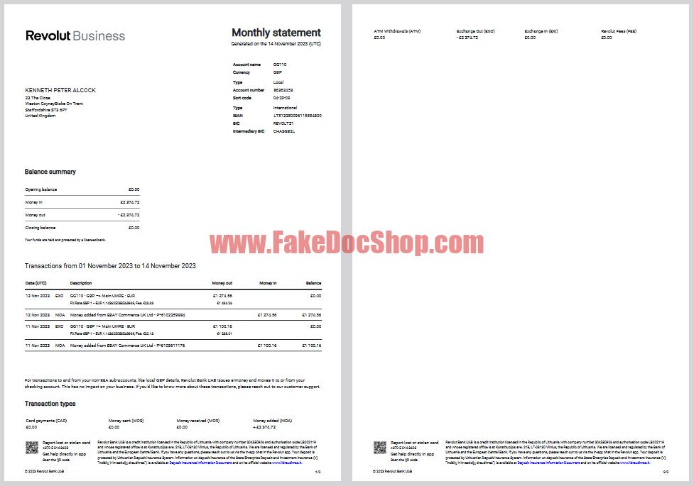 Lithuania Revolut Business Monthly Statement Template in word and pdf format