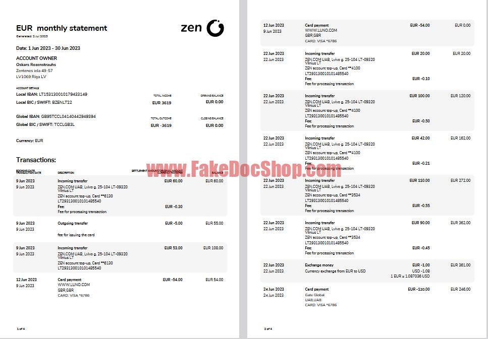 Lithuania ZEN EUR Monthly Statement Template in word and pdf format