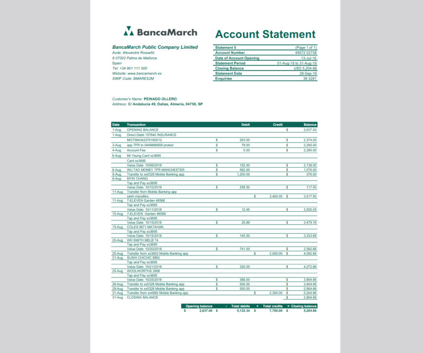 Spain Banca March Account Statement Template in word and pdf format
