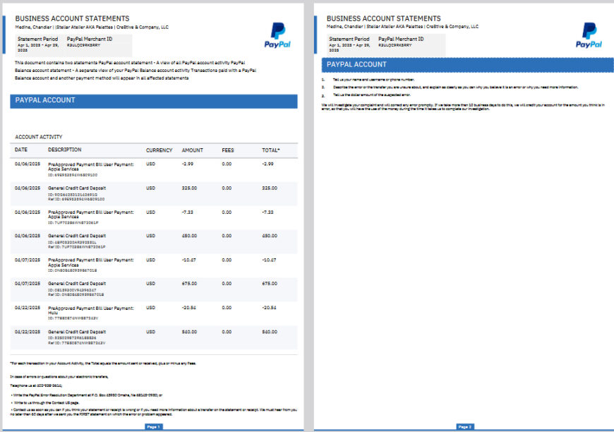 US PayPal Business Account Statement Template in word and pdf format