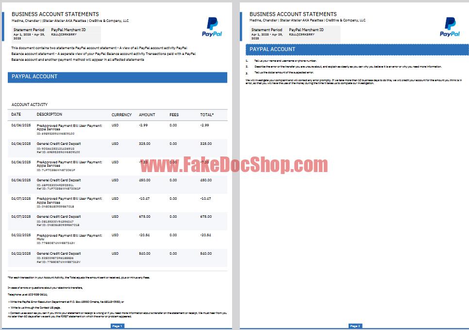 US PayPal Business Account Statement Template in word and pdf format