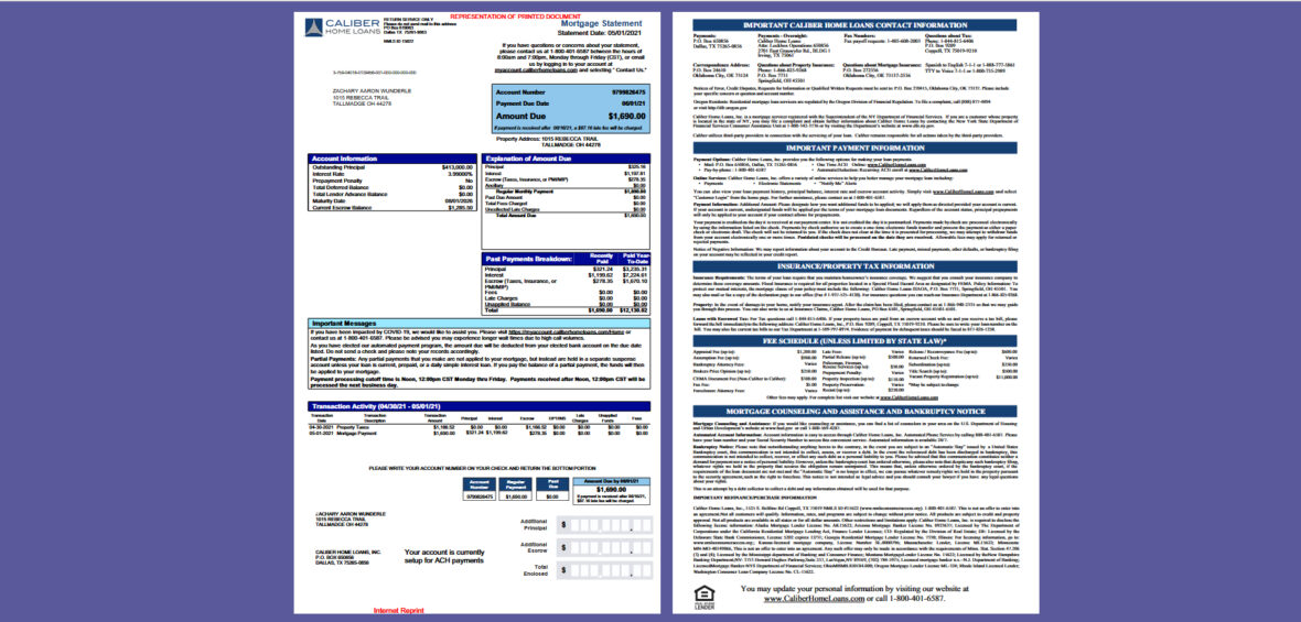 USA Caliber Home Loans Mortgage Loan Statement Template in word and pdf format