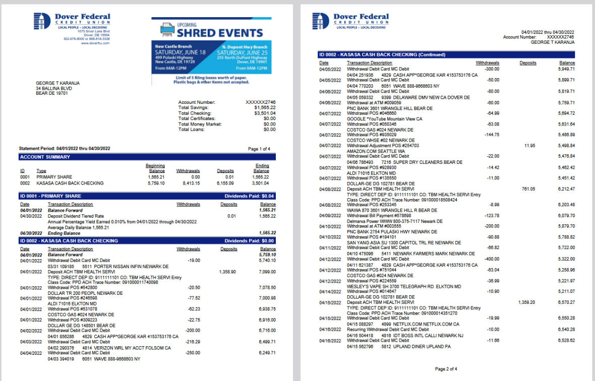 USA Dover Federal Credit Union Account Statement Template in word and pdf format