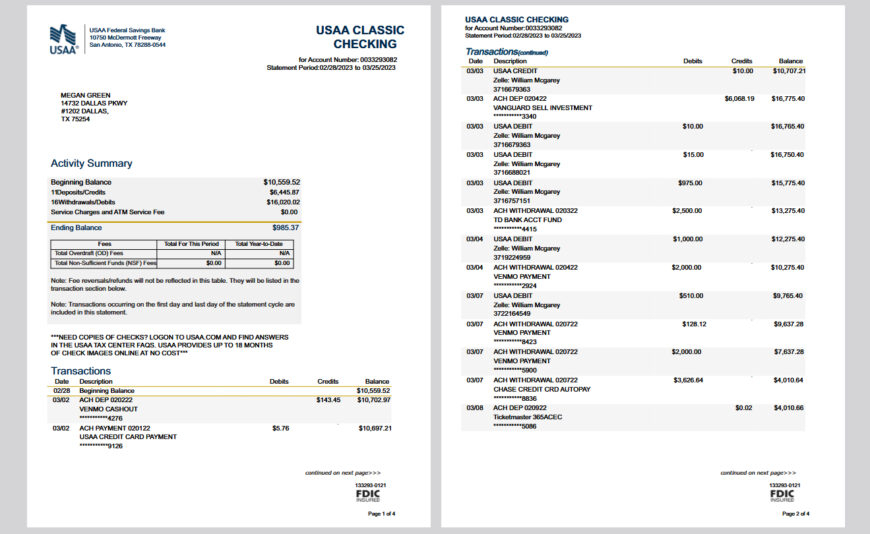 USAA Bank Checking Statement Template in word and pdf format