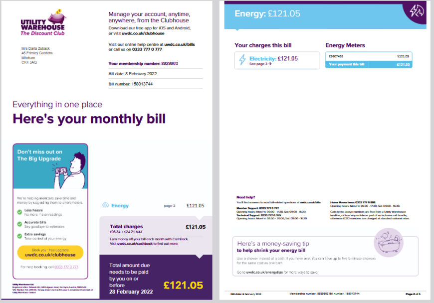 United Kingdom Utility Warehouse Multi Service Bill Template