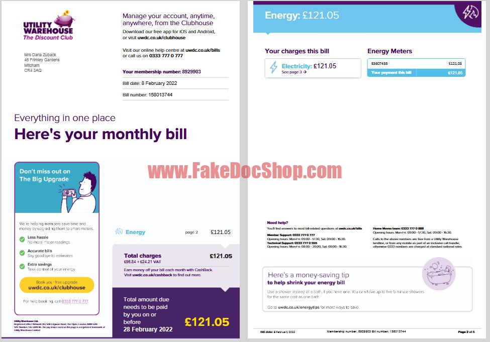 United Kingdom Utility Warehouse Multi Service Bill Template