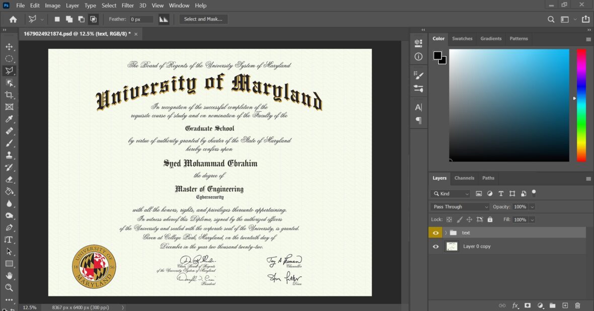 University Of Maryland Certificate PSD Template